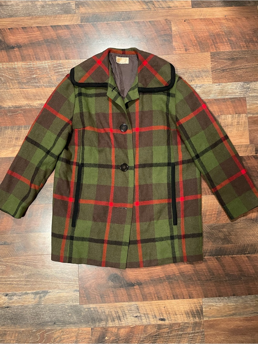 Vintage Pendleton Green Plaid Wool Coat with Red & Brown Accents